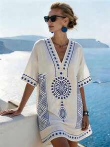 Đầm đi biển mùa hè mới 2026 kiểu Hy Lạp tay cánh dơi rộng rãi màu xanh dương và trắng dành cho nữ. - Màu xanh lam - Xem 5