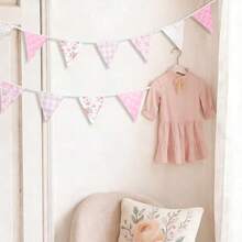 D32ft Pink Bow Triangle Bunting Banner Floral Baby Shower Banners 36 Pcs Cotton Fabric Gingham Flags Pennant Garlands Pink White For Birthday Party Wedding Baby Shower Outdoor Home Decorations - 粉紅色和白色 - 查看 3
