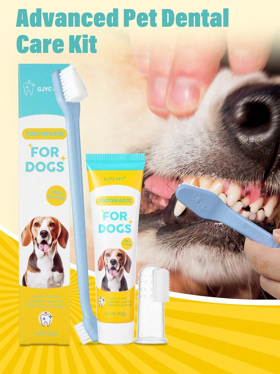 Advanced Pet Dental Care Kit | Contains Toothpaste, Toothbrush & Finger Brush | Reduces Plaque & Tartar Buildup | For Puppies, 3-Piece Kit, Milk Flavor - White - View 1