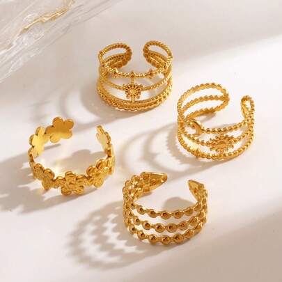 4pcs Stainless Steel Gold Star & Moon Knuckle Rings Set, Suitable For Daily Wear Or As Gift