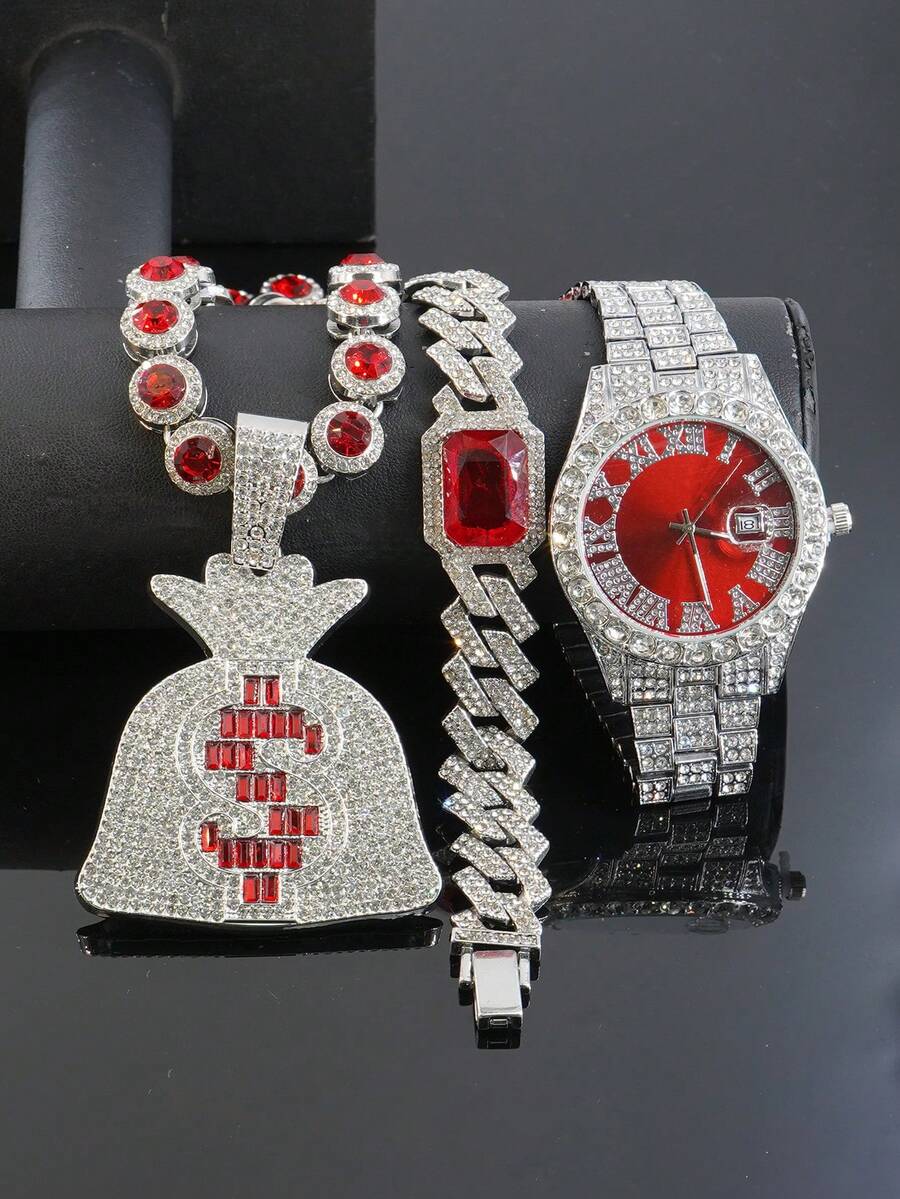 欧美街头嘻哈全钻钱袋项链手表套装，男士全钻链手链，说唱歌手个性化配饰，夜店装扮珠宝套装