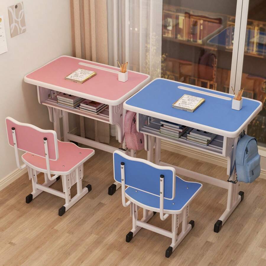 LKZ Premium Simple Children's Study Desk And Chair Set, 1 Desk And 1 Chair, Adjustable Height, Ergonomic Design, With Large Writing Board, Shelf, And Drawer (Pink, Blue)