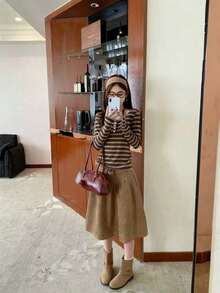 女士条纹长袖T恤，修身休闲叠穿上衣，百搭单品 - 咖啡棕 - 查看 5