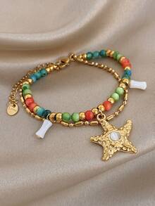 1 pieza Pulsera de cadena multicapa con colgante de estrella de mar chapado en oro, cuentas de colores, estilo bohemio, para mujeres y señoras, joyería de acero inoxidable para la temporada de vacaciones, regalos para mamá, para fiestas diarias, galas, bodas, San Valentín, aniversarios, festivales de música, Navidad, citas, Día de Pascua - Multicolor - Ver 2