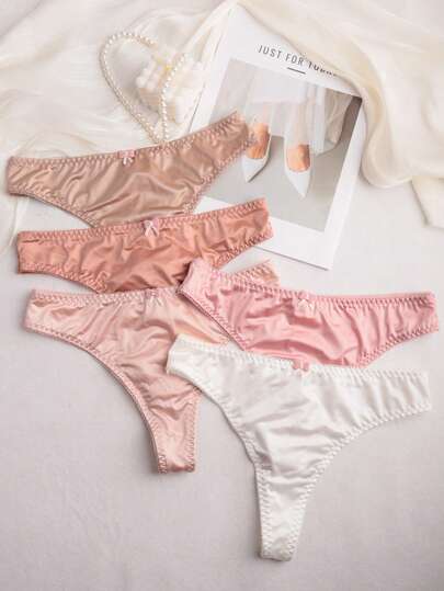Tanga de satén para mujer, ropa interior sexy con detalle de lazo y ribete de encaje, de talle medio, suave y transpirable, ropa interior cómoda para uso diario