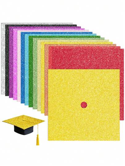 5/8pcs Glitter Graduation Cap Topper, Black/Orange/Yellow/Green/Cyan/Blue/Purple Glitter Graduation Cap Decor, DIY Decoration Base, High School/University Graduation Ceremony Photo Accessories