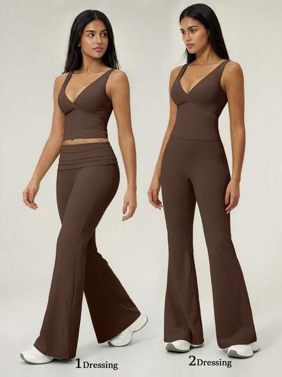 TimeOff 1 Set Women's Solid Color V-Neck Backless Removable Padded Camisole And Flared Leg Pants Sports Suit