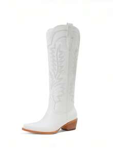 Women's Embroidered Western Cowboy Boots Fashion Chunky Heel Pointed Toe Pull On Vintage Knee High Cowgirl Boots Outdoor Casual Party Spring Shoes - trắng - Xem 7