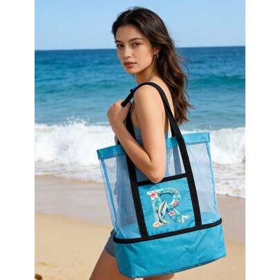 1个网眼沙滩包，印有26个海洋元素字母，度假沙滩收纳袋，超大防水手提袋，防沙，沙滩手提袋，泳池游泳包，旅行度假必备品，用途广泛，可用作沙滩包、泳池包、游泳包、洗衣袋、工作包、一周旅行包、公路旅行包、可重复使用的购物袋等等。适合度假、海滩、旅行，也是母亲节、情人节、复活节和旅行爱好者的最佳礼物。