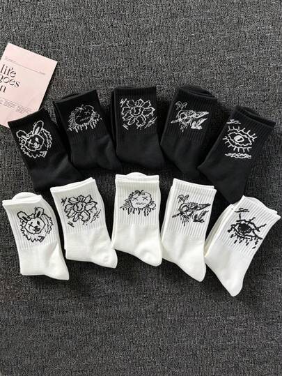1 par/5 pares/10 pares de calcetines personalizados con diseño de contraste de cara de fantasma de dibujos animados en blanco y negro, adecuados para todas las estaciones, de grosor regular, transpirables, cómodos, que absorben la humedad, para uso casual/deportivo/estilo callejero