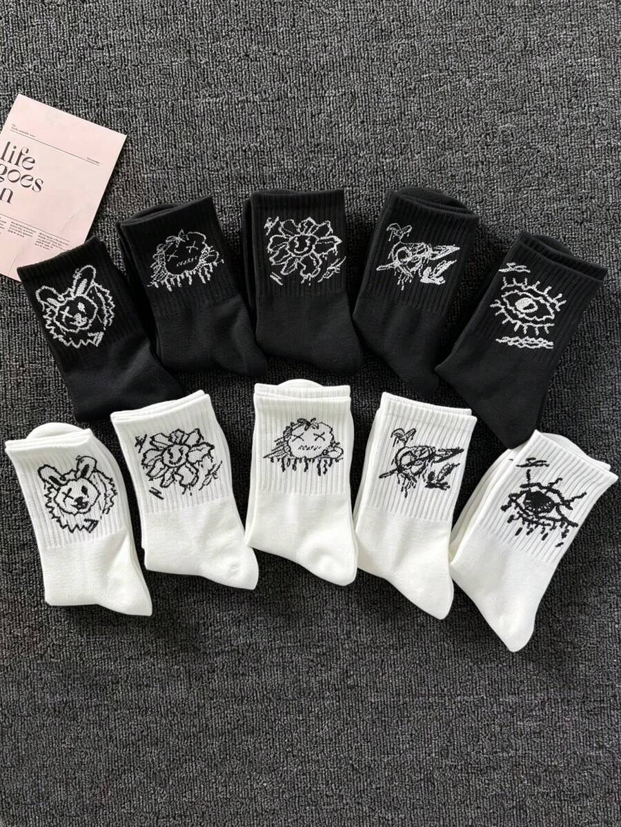 1双/5双/10双装 随机卡通鬼脸黑白撞色设计创意时尚男士个性化袜子，四季皆宜，厚度适中，透气舒适，吸湿排汗，休闲/运动/街头风格 - 彩色 - 查看 1