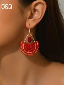 OOQ 1件复古波西米亚几何镂空水滴形水晶串珠耳环，时尚优雅甜美百搭，适合女孩和女士日常佩戴，婚礼季，情人节礼物送给朋友和爱人（手工串珠，颜色、数量和位置随机） - 紅色 - 查看 5