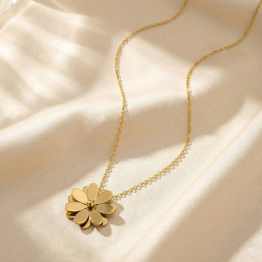 简约优雅18K镀金光滑蛋形花吊坠项链，女士日常派对佩戴，精致百搭链条 - 金色 - 查看 1