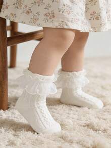 1雙純棉女嬰幼兒純色蕾絲飾邊襪子，舞蹈襪，公主風短襪 - 白色 - 查看 3