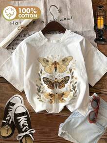 Blusas femininas, blusas de verão, camiseta feminina casual de manga curta e gola redonda – 100% algodão, estampa vintage com motivos e folhas, blusa respirável para todas as estações, camisetas femininas, camiseta de textura macia, look de verão, estilo retrô, material confortável, camiseta estampada, modelagem solta, camiseta de algodão, look feminino de verão - Branco - Ver 6