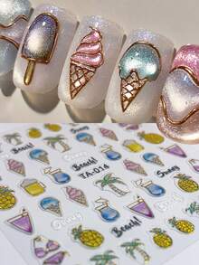 1pc 5D Jelly Sunny Beach Summer Nail Stickers Embossed Pearly Luster Vacation Style Shiny Pineapple Coconut Palm Tree Ice Cream Drink Sea Nail Art Decals DIY Wedding Nail Charms Decoration Party/Holiday Nail Supplies - Multicolor - View 5