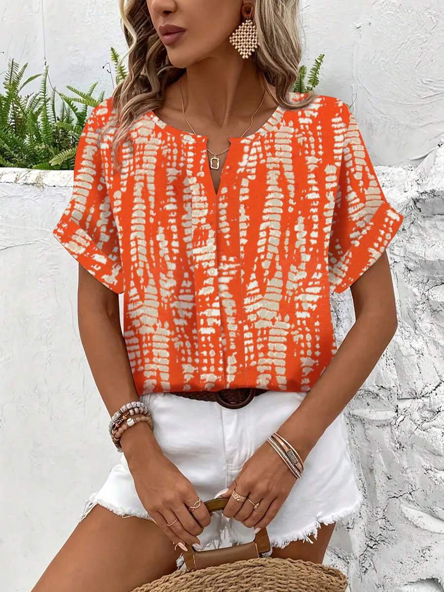 Women's Summer Casual V-Neck Short Sleeve Allover Print Shirt, American Vintage Texture Print Shirt, Vacation Style Flattering Versatile Design - Orange - View 1