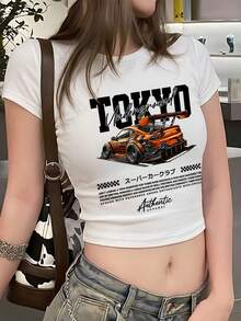 1 Stück Damen Sommer Figurbetontes T-Shirt mit Rundhalsausschnitt und Kurzarm, Grafik-Muster in japanischer Tuning-Autokultur, Y2K Crop Top, Jahrtausendstil Top geeignet für Strand, Straße, Alltag, Büro, Party, Ausflüge, Partyanlässe, Casual Weiß - Weiss - Übersicht 4