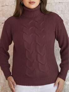 Women's Cold Weather Sweater Turtleneck Wool Puff Sleeve Knitted Knit Braids - 鏽棕色 - 查看 2