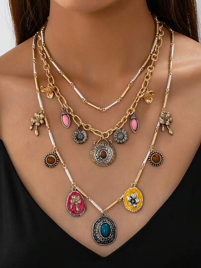 1 Set de Collar Retro Floral Multicapa de Moda en Colores Dopamina