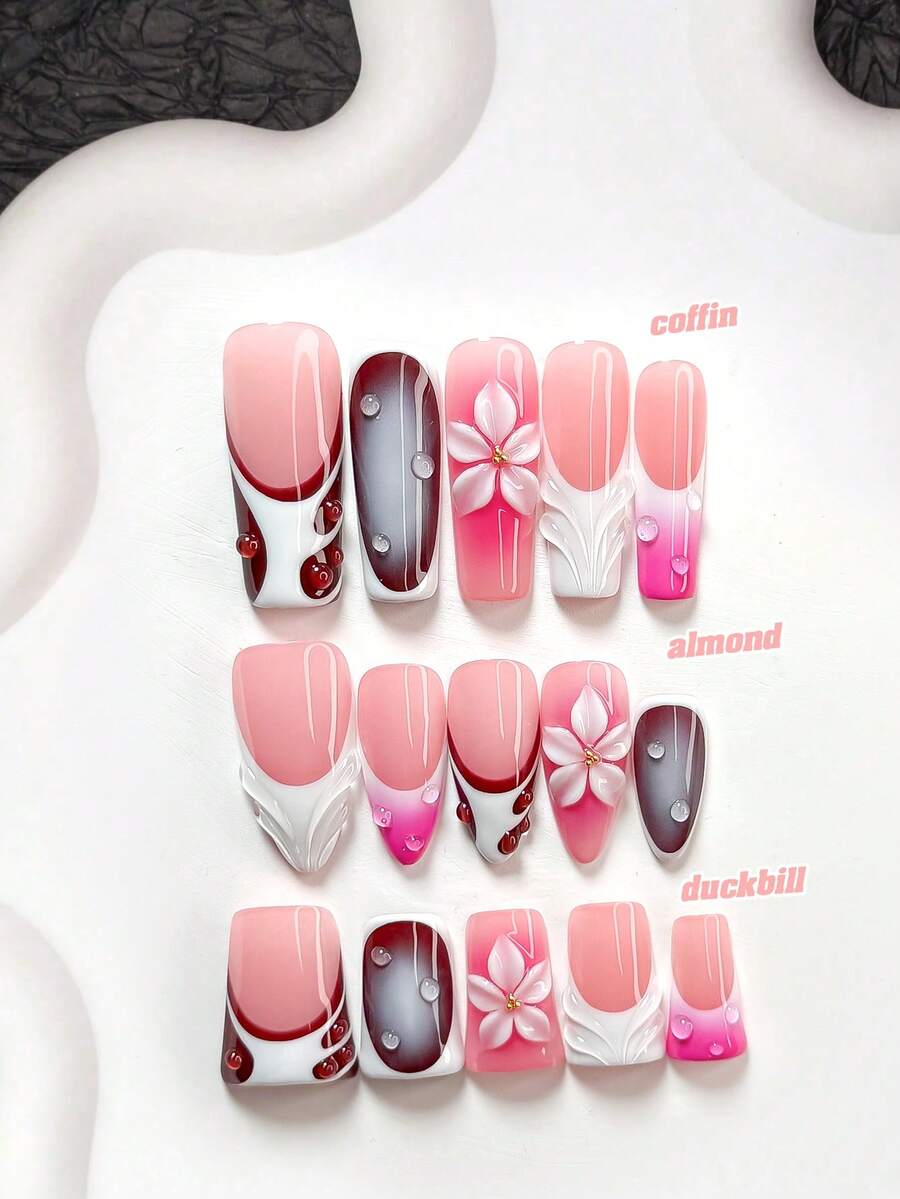 10pcs French Sweet Style Handmade Nail Art Set, Including Poly Gel Nail Kit, Handmade White 5-Petal Flower Nail Decor, Hand-Painted Solid Color Water Wave, White Texture, Water Drop Nail Decoration, 3D Floral French Style, With Nail Tools (1 Jelly Sticker + 1 Nail File). Available In Almond, Duck Mouth, And Coffin Shapes. Suitable For Dates, Vacations, And Everyday Wear Press On Nails - Multicolor - View 1