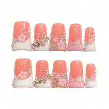 10pcs Pink Cherry Blossom Pattern ABS Material Short Duck Mouth French Style Fake Nails - Baby Pink - View 9