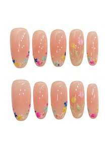 10 piezas de uñas postizas hechas a mano con diseño de flores secas en rosa nude para primavera y verano - Rosa Pálido - Ver 4