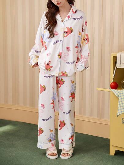 Gongdie SpongeBob SquarePants Bộ 2 món đồ ngủ hoạt hình SpongeBob bằng cotton thoáng khí dành cho nữ, thích hợp cho mùa xuân/hè.