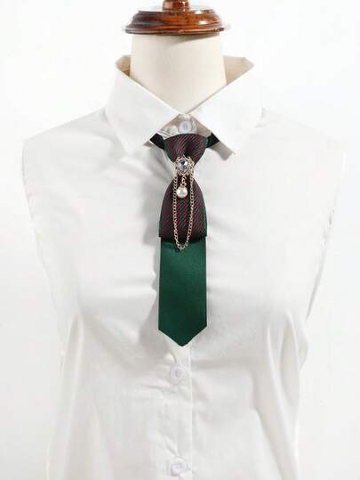 1 chiếc cà vạt nữ màu trơn đính đá và ngọc trai, mặt dây chuyền kim loại trang trí, đa năng.