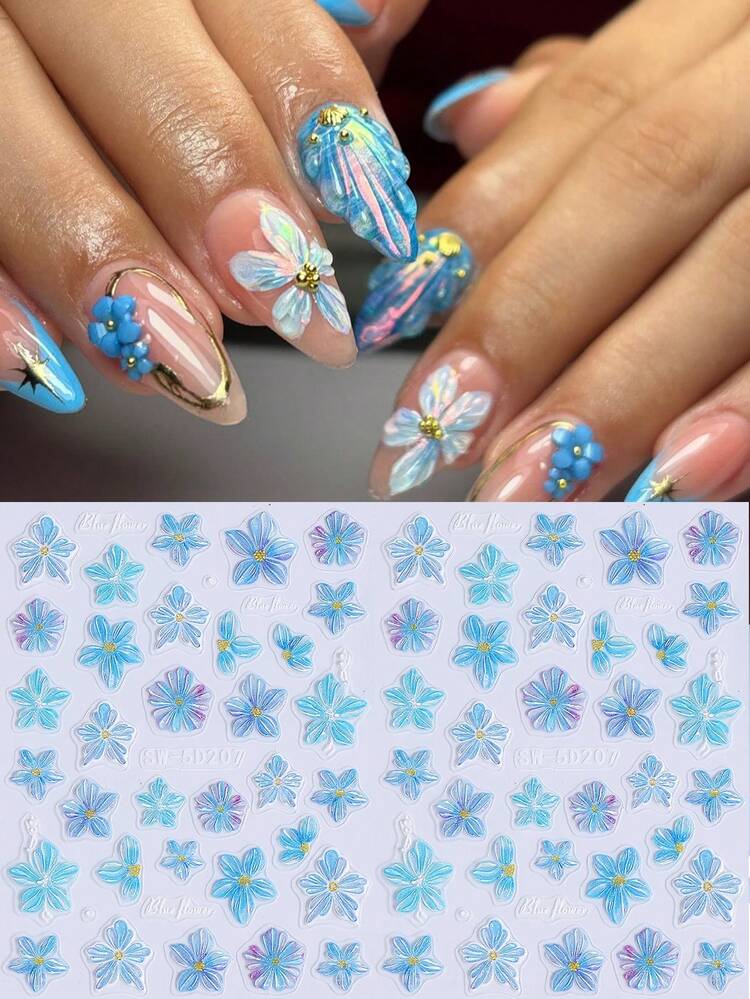 2pcs 5D Self-Adhesive Blue Hibiscus Flower Nail Stickers, Holographic Blue Petal Pattern Nail Decals, Transparent Summer Floral Nail Art Decoration, Suitable For Vacation And Beach DIY Manicure - Multicolor - View 1