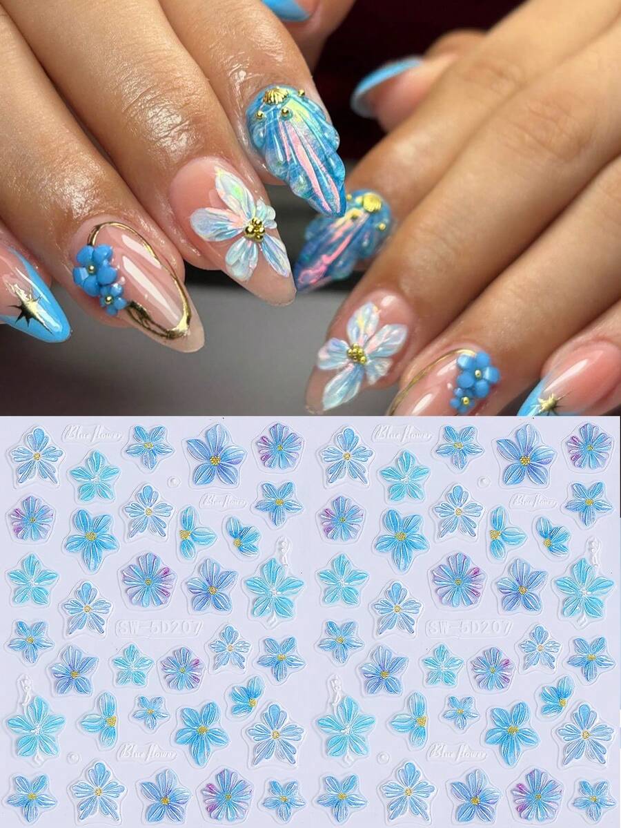 2片5D自粘蓝色芙蓉花美甲贴纸,全息蓝色花瓣图案美甲贴花,透明夏季花卉美甲装饰,适合度假和海滩DIY美甲 - 彩色 - 查看 1