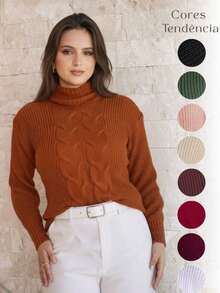 Women's Cold Weather Sweater Turtleneck Wool Puff Sleeve Knitted Knit Braids - 鏽 - 查看 5