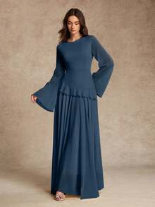 Women's Elegant Flounced Splice Cinched Waist Flare Sleeve Dress, Spring/Summer - 霧霾藍 - 查看 2