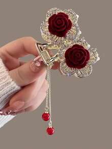 1pc Women's Small Metal Flower Rhinestone Hair Claw Suitable For Daily Wear - Red - View 2