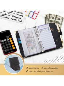 1pc Black Marble Texture Faux Leather A6 Budget Planner Binder With Zipper Cash Envelope And Expense Tracker, Money Saving Budgeting Notebook For Financial Planning - Multicolor - View 9