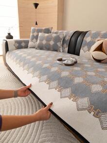 1pc Bohemian Chenille Sofa Cushion Cover, Modern Luxury Sofa Slipcover, Non-Slip Dust-Proof Fitted Sofa Cover, All Season Use, Wrinkle & Abrasion Resistant, Soft & Delicate, Protects Sofa, Machine Washable, Non-Deforming, Fade-Resistant, Durable, Pet-Proof, Stain-Resistant, Sofa Makeover, Sofa Decor, Enhances Ambiance, Fits 1-4 Seater, L-Shaped Sofa - Grey - View 7