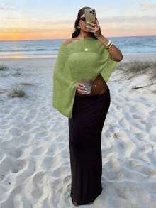 Women's New Off-Shoulder Semi-Sheer Sleeveless Asymmetric Knit Sweater, Fashionable Casual Sexy Beach Party Pullover, Spring/Summer - Green - View 7