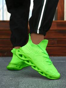Men's Neon Color Block Sock Sneakers Unique Hollow Blade Sole Lightweight Athletic Running Shoes For Daily Street Style - Fluorescent Green - View 5