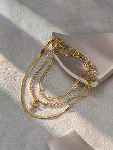 3pcs Set Minimalist Multi-Layer Gold-Tone Bracelets, Niche Stainless Steel Blade Chain, Copper Bead Chain And Cross Zirconia Chain With Cross Copper Pendant Layered Bracelet Jewelry Gift For Women (Bead Quantity And Chain Loops Randomly Assorted) - Gold - View 3
