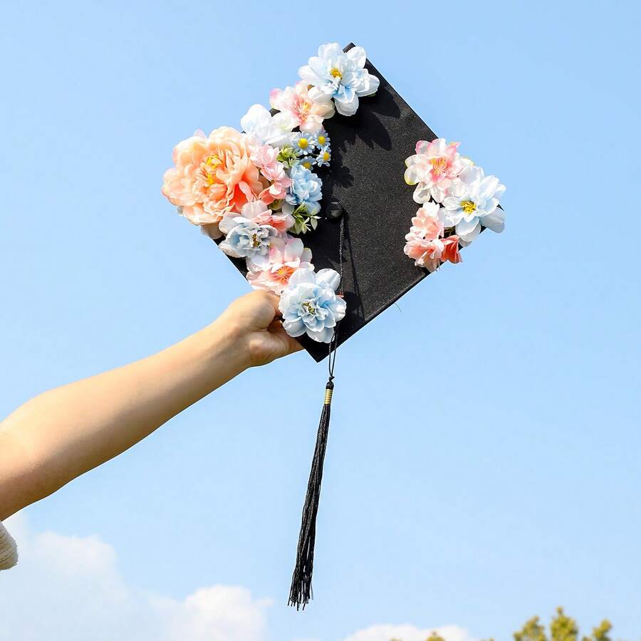 Handmade Pink & Blue Peony Daisy Graduation Cap Decor, Graduation Cap Accessory, Personalized Graduation Gift For University And High School Graduation Parties,Beach,Wedding - Multicolor - View 1