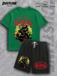 Handmade With Love Mens Creative VON-DUTCHS T Shirt And Shorts Set American Vintage Full Print Street Wear Essential Graphic T Shirt And Shorts Set With Dragon And Logo Print For Casual Outfits Summer Outfits For Women Vacation Outfits Women Summer Clothes Summer - 綠色 - 查看 1