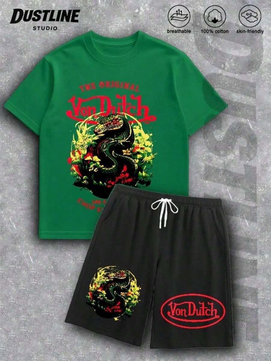 Handmade With Love Mens Creative VON-DUTCHS T Shirt And Shorts Set American Vintage Full Print Street Wear Essential Graphic T Shirt And Shorts Set With Dragon And Logo Print For Casual Outfits Summer Outfits For Women Vacation Outfits Women Summer Clothes Summer - 綠色 - 查看 1