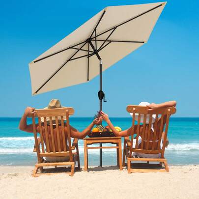  COSTWAY 230 Cm Patio Umbrella, Outdoor Heavy Duty Market Umbrella W/ Push Button Tilt, Crank Handle, Vented Canopy, Large Table Umbrella For Backyard, Garden, Beach, Poolside, Beige/Grey