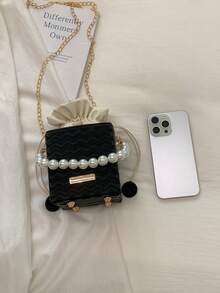 女士迷你方形包，时尚抽绳手提包，夏季时尚百搭链条单肩包 - 黑色 - 查看 5