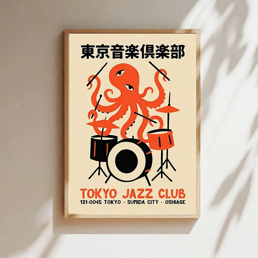 1pc Tokyo Jazz Club Poster, Octopus Drummer Canvas Print, Vintage Wall Art, Modern Artwork Wall Painting, Suitable For Gift, Home And Dorm Decoration