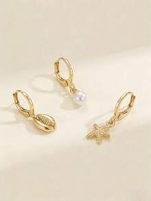 GEREIT 3pcs Asymmetric Beach Style Metal Faux Pearl Starfish Earring Set, Suitable For Women's Daily And Vacation Wear - Gold - View 3