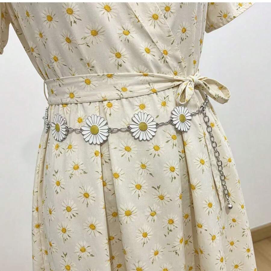 Cadena para la cintura con diseño de margarita, cadena metálica para vestido, cinturón de cintura versátil, decoración para falda y jeans, lindo aleación de zinc - Blanco - Ver 1