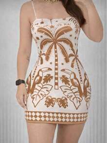 Women's Short Dress With Tropical Print, Blue, Summer - Brown Print - View 2