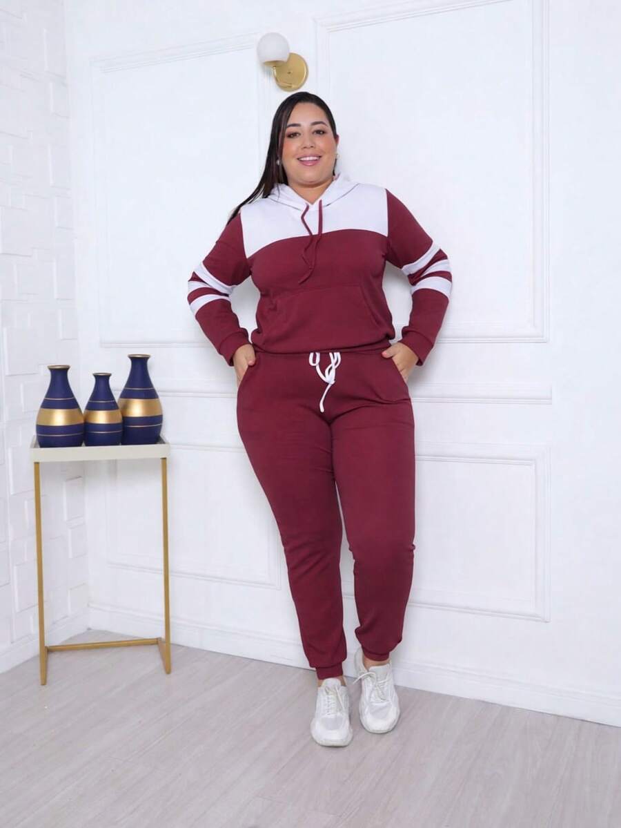 Women's Two-Tone Crepe Knit Set With Hood And Front Pocket – Comfortable And Stylish Look. - Burgundy - View 1