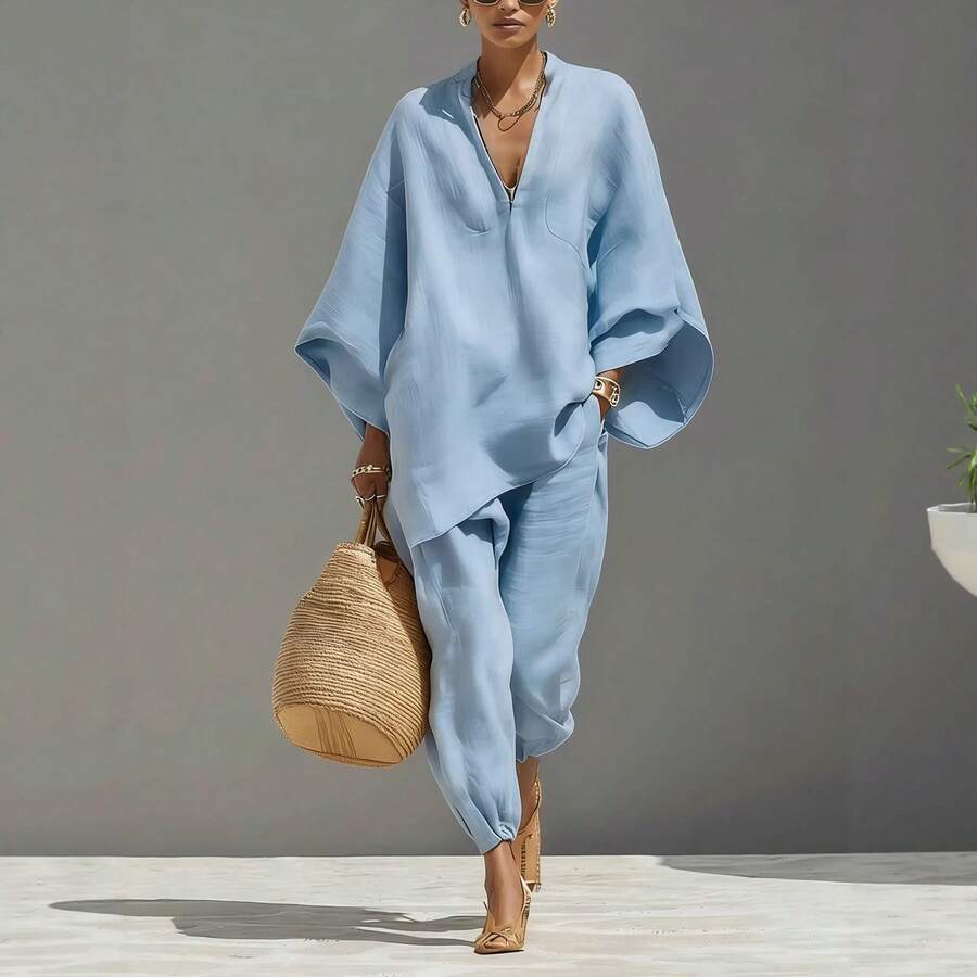 2026 Spring/Summer Fashion Women's Casual Style Bat Sleeve V-Neck Loose-Fit Outfit - 天藍色 - 查看 1